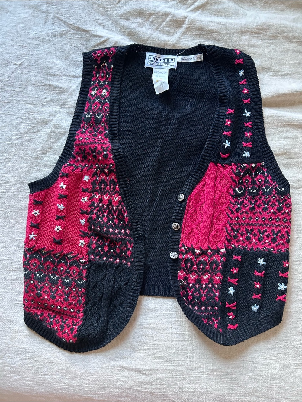 Vintage Ramie Corron Jantzen Women's Black and Red Knit embroidered vest L